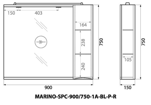 Шкаф зеркальный подвесной с одной распашной дверцей с доводчиками, с подсветкой, правосторонний MARINO-SPC-900/750-1A-BL-P-R Bianco Lucido BELBAGNO