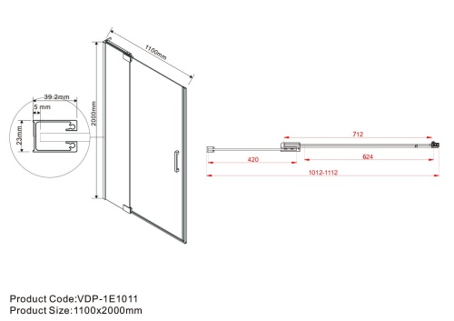 Душевая дверь Extra VDP-1E1011CLGM, 1000/1100, вороненая сталь, стекло прозрачное, , шт Vincea