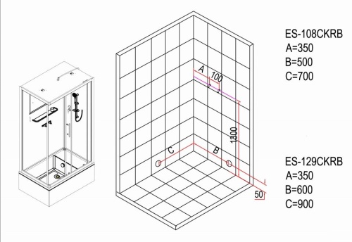 Кабина душевая ESBANO ES-129 CKRB правый