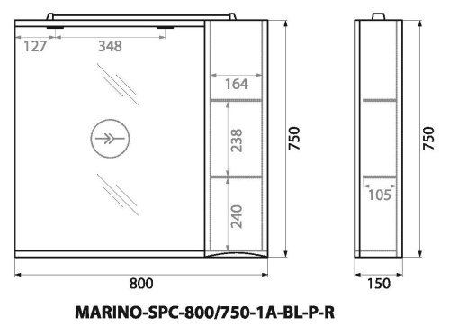 Шкаф зеркальный подвесной с одной распашной дверцей с доводчиками, с подсветкой, правосторонний MARINO-SPC-800/750-1A-BL-P-R Bianco Lucido BELBAGNO