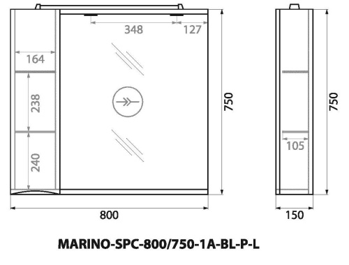 Шкаф зеркальный подвесной с одной распашной дверцей с доводчиками, с подсветкой, левосторонний MARINO-SPC-800/750-1A-BL-P-L Bianco Lucido BELBAGNO