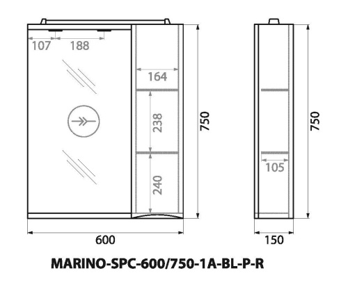 Шкаф зеркальный подвесной с одной распашной дверцей с доводчиками, с подсветкой, правосторонний MARINO-SPC-600/750-1A-BL-P-R Bianco Lucido BELBAGNO