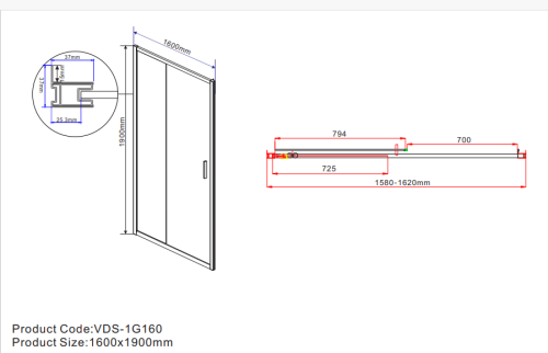 Душевая дверь Garda VDS-1G160CL, 1600, хром, стекло прозрачное, , шт Vincea