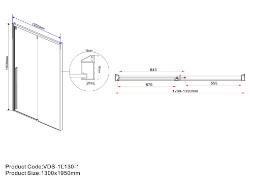 Душевая дверь Lugano VDS-1L130CL-1, 1300, хром, стекло прозрачное, , шт Vincea